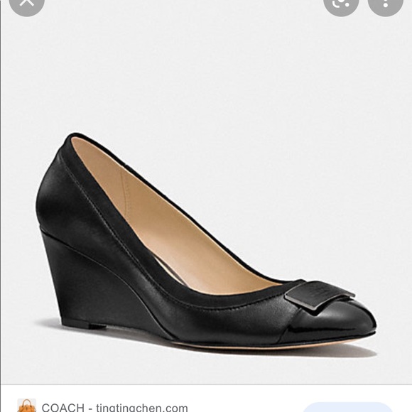 NEW COACH Heath Lambskin Black Suede Patent Leather Wedge Size 7.5 - Picture 1 of 11